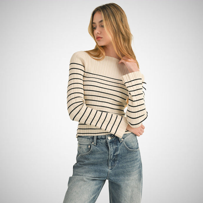 Long Sleeve Stripe Pattern Ribbed Knitted Top (8122691715280)