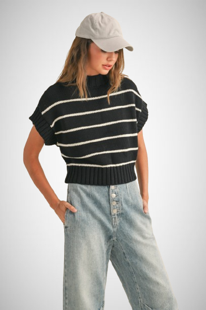 Striped Pattern Dolman Short Sleeve Sweater Top (8160671629520)