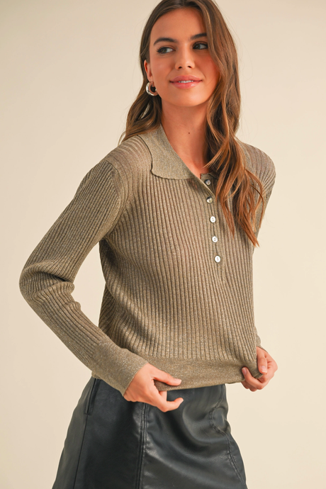 Metallic Half Button Collared Knitted Top (8160632930512)